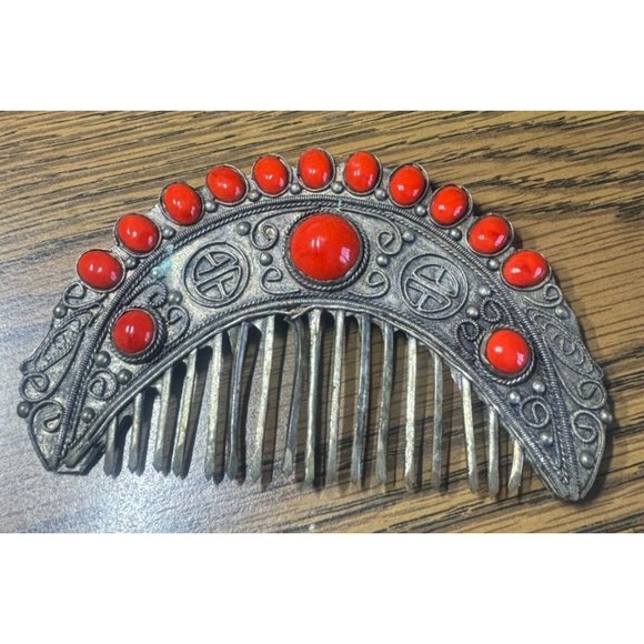 MCM Reproduction Ancient Hair Jewelry Comb Plated Burnt Orange Glass Cabochons